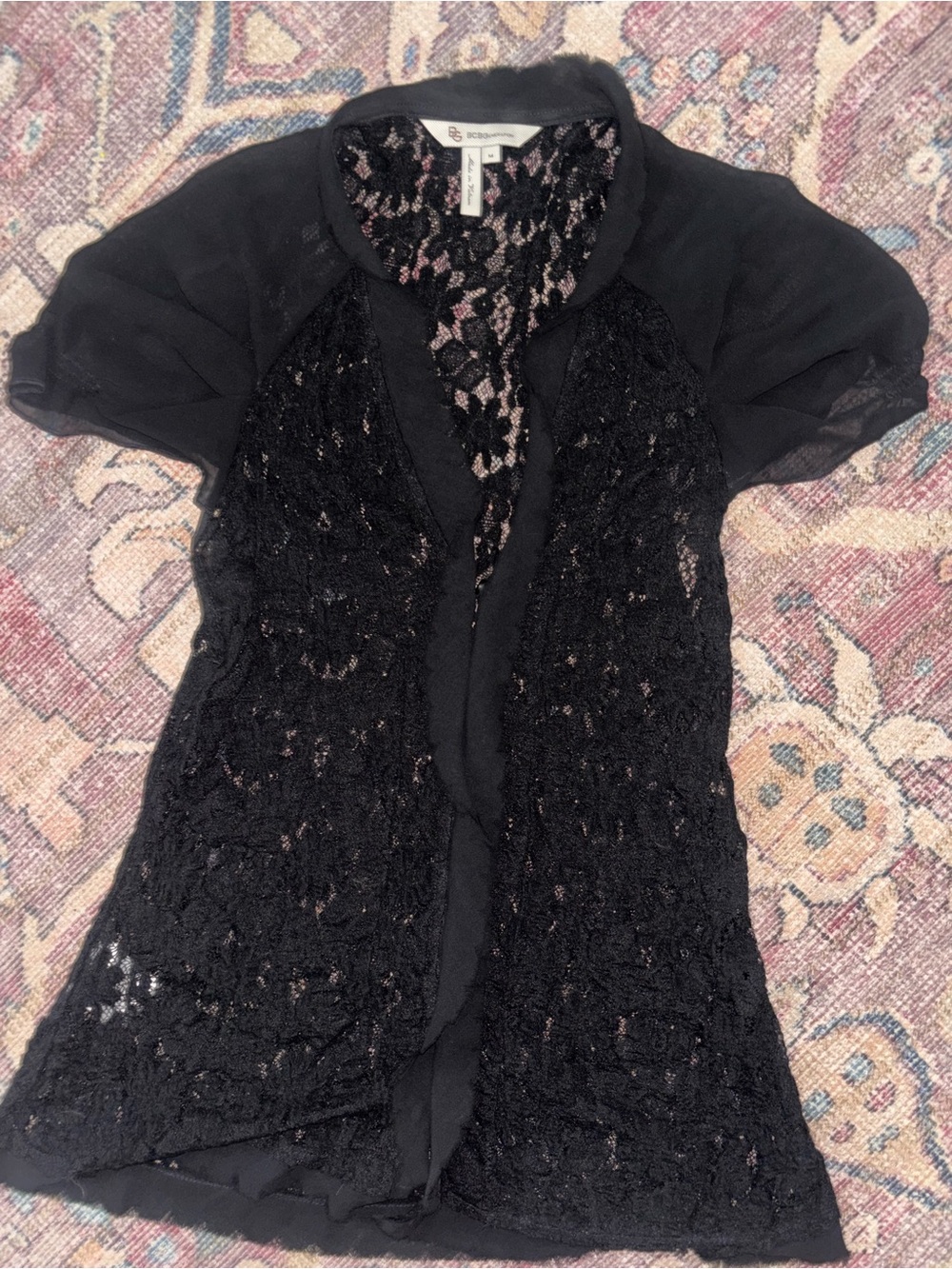 BCBGMaxAzria Black Lace Short-Sleeve Open Front Top